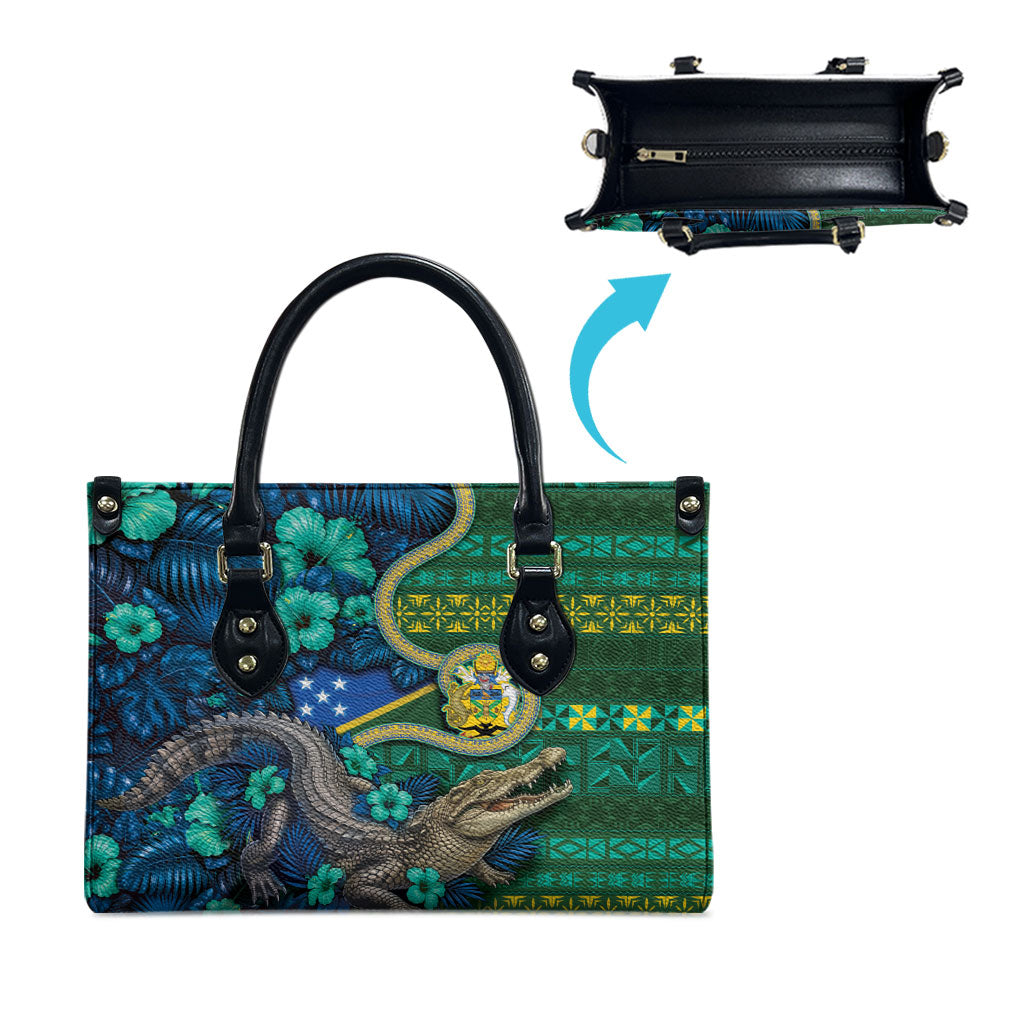 Solomon Islands Independence Day Leather Bag Crocodile Hibiscus Tribal Pattern