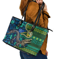 Solomon Islands Independence Day Leather Tote Bag Crocodile Hibiscus Tribal Pattern