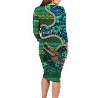 Personalised Solomon Islands Independence Day Long Sleeve Bodycon Dress Crocodile Hibiscus Tribal Pattern