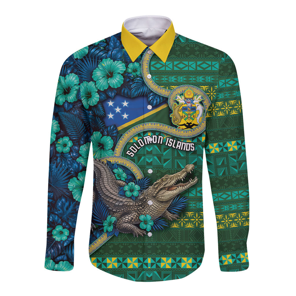 Personalised Solomon Islands Independence Day Long Sleeve Button Shirt Crocodile Hibiscus Tribal Pattern DT05 Unisex Green - Polynesian Pride