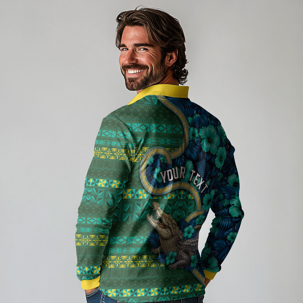 Personalised Solomon Islands Independence Day Long Sleeve Polo Shirt Crocodile Hibiscus Tribal Pattern