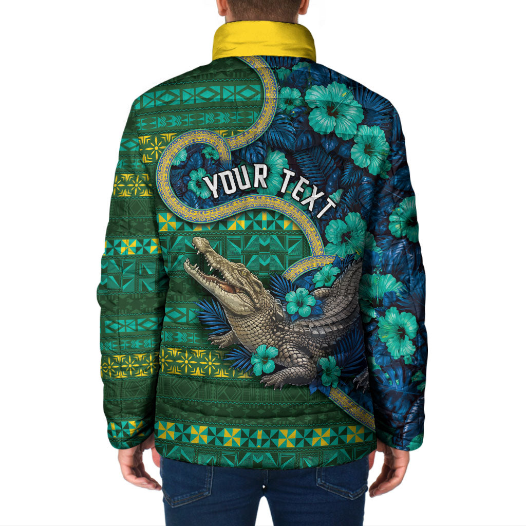 Personalised Solomon Islands Independence Day Padded Jacket Crocodile Hibiscus Tribal Pattern