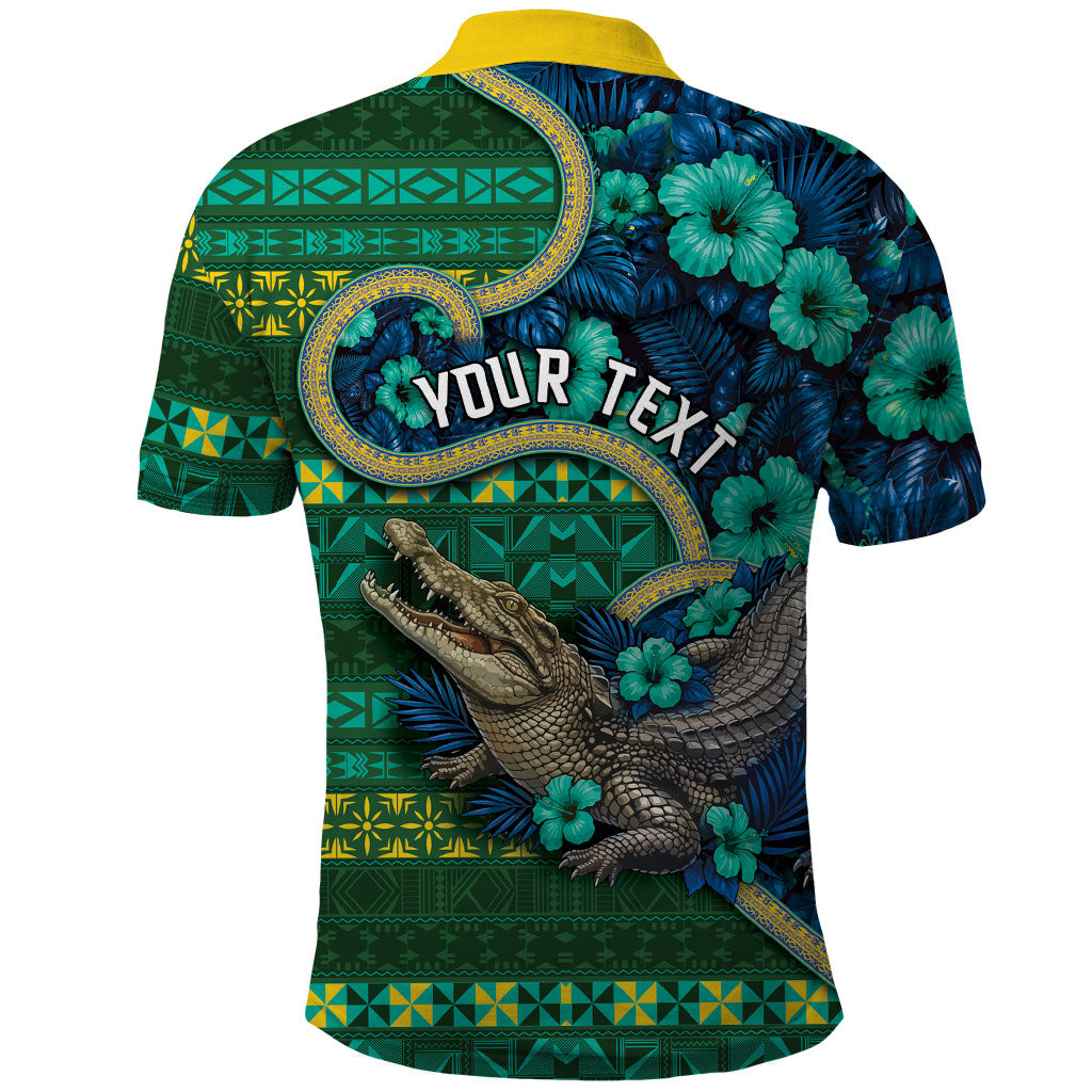 Personalised Solomon Islands Independence Day Polo Shirt Crocodile Hibiscus Tribal Pattern