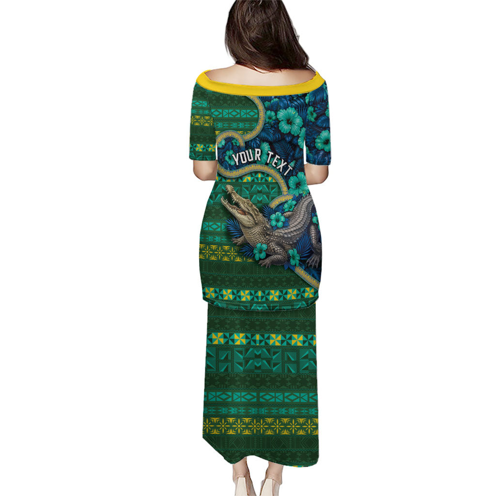Personalised Solomon Islands Independence Day Puletasi Crocodile Hibiscus Tribal Pattern