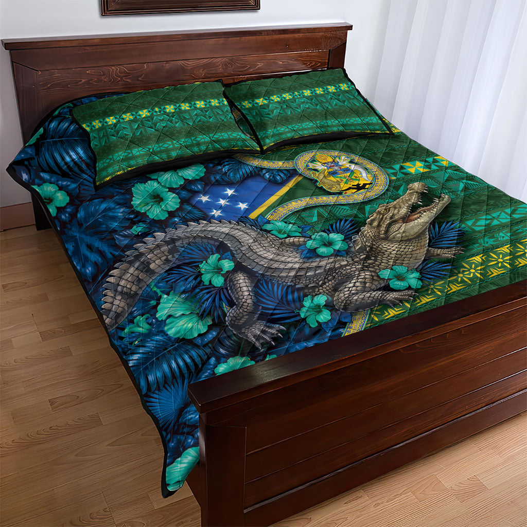Solomon Islands Independence Day Quilt Bed Set Crocodile Hibiscus Tribal Pattern