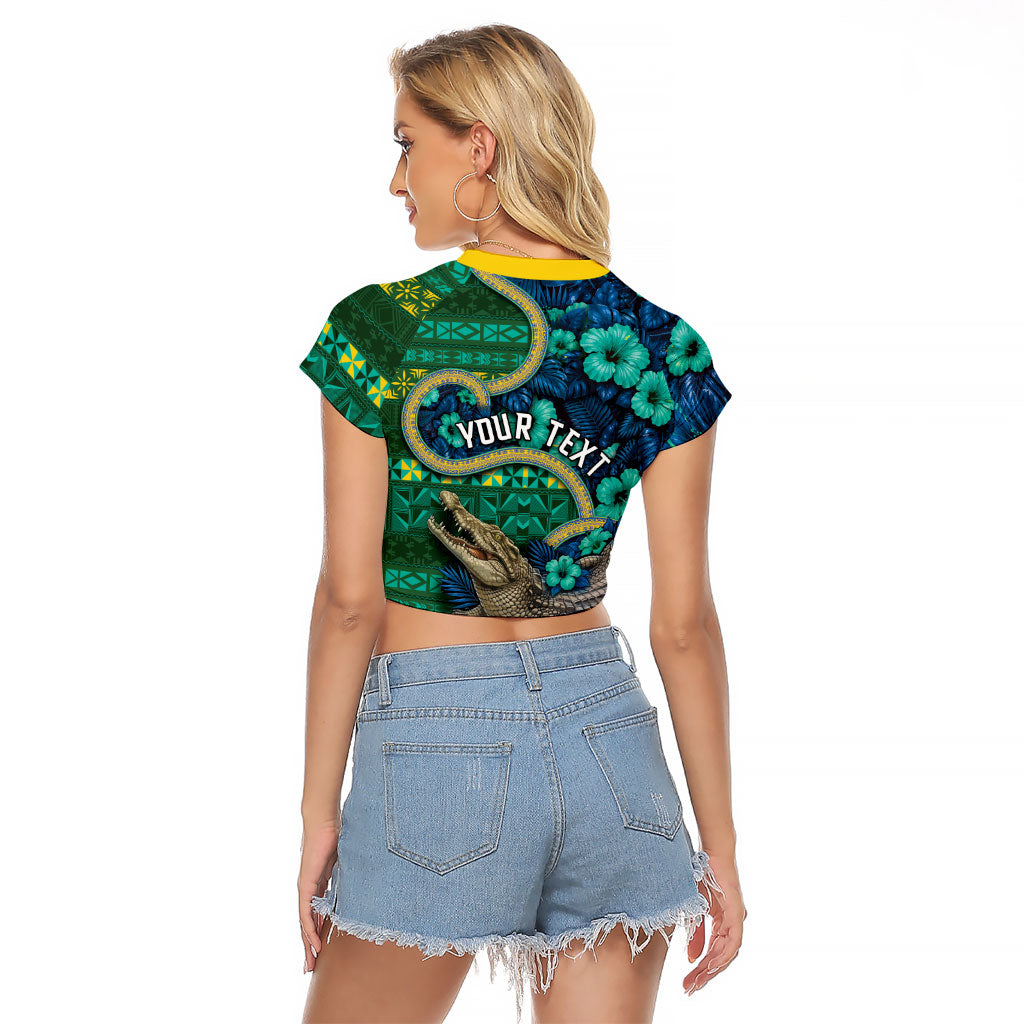 Personalised Solomon Islands Independence Day Raglan Cropped T Shirt Crocodile Hibiscus Tribal Pattern