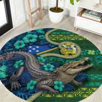 Solomon Islands Independence Day Round Carpet Crocodile Hibiscus Tribal Pattern