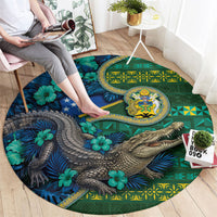 Solomon Islands Independence Day Round Carpet Crocodile Hibiscus Tribal Pattern