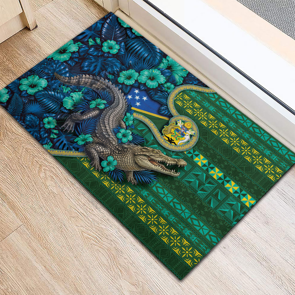 Solomon Islands Independence Day Rubber Doormat Crocodile Hibiscus Tribal Pattern