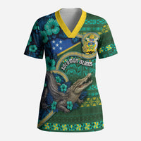 Personalised Solomon Islands Independence Day Scrub Top Crocodile Hibiscus Tribal Pattern
