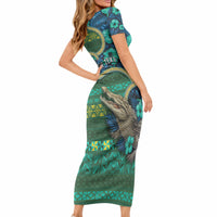 Personalised Solomon Islands Independence Day Short Sleeve Bodycon Dress Crocodile Hibiscus Tribal Pattern DT05 - Polynesian Pride