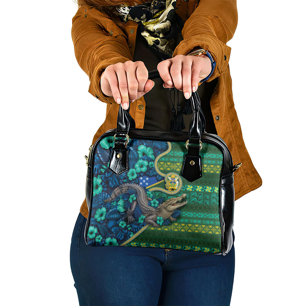Solomon Islands Independence Day Shoulder Handbag Crocodile Hibiscus Tribal Pattern DT05 One Size Green - Polynesian Pride