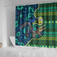 Solomon Islands Independence Day Shower Curtain Crocodile Hibiscus Tribal Pattern