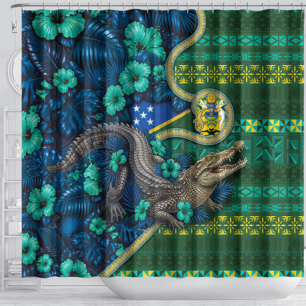 Solomon Islands Independence Day Shower Curtain Crocodile Hibiscus Tribal Pattern