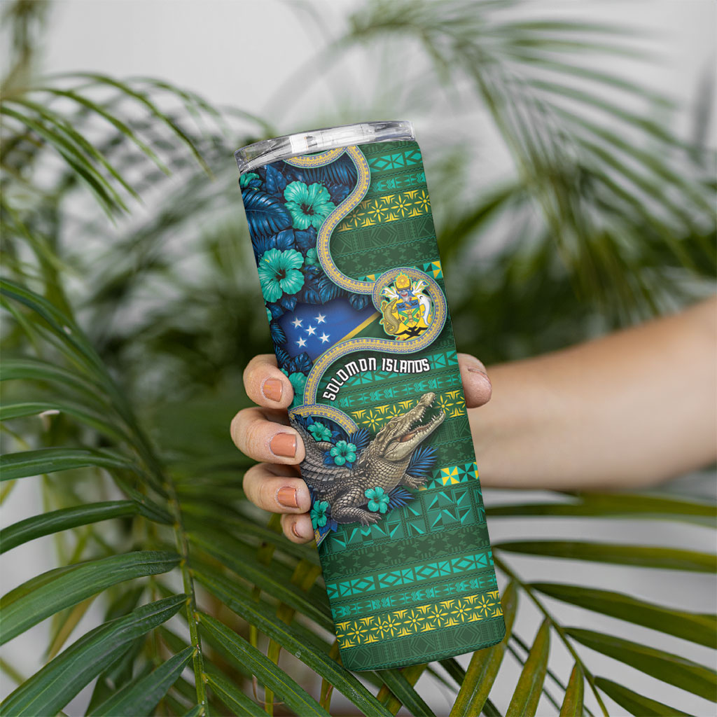 Personalised Solomon Islands Independence Day Skinny Tumbler Crocodile Hibiscus Tribal Pattern