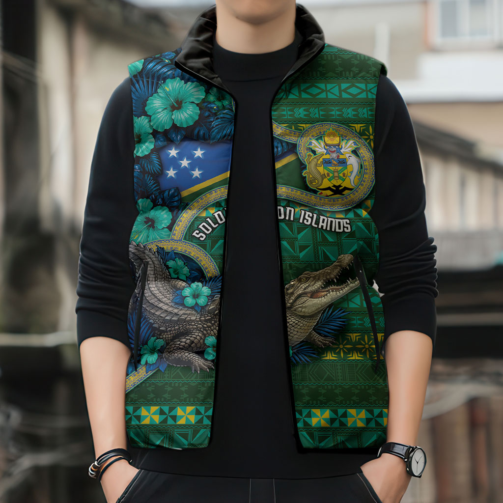 Personalised Solomon Islands Independence Day Sleeveless Puffer Jacket Crocodile Hibiscus Tribal Pattern