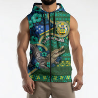 Personalised Solomon Islands Independence Day Sleeveless Zip Hoodie Crocodile Hibiscus Tribal Pattern