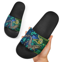 Solomon Islands Independence Day Slide Sandals Crocodile Hibiscus Tribal Pattern