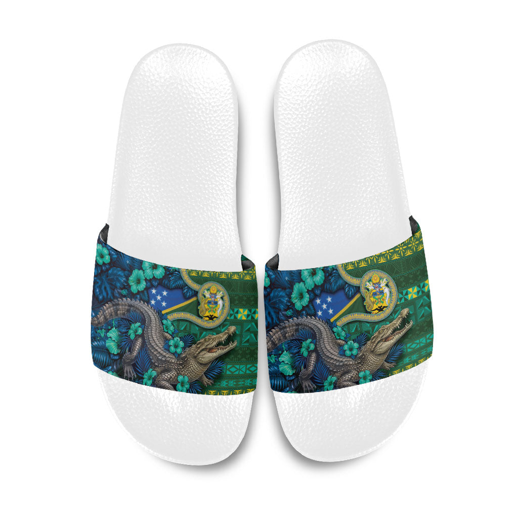 Solomon Islands Independence Day Slide Sandals Crocodile Hibiscus Tribal Pattern