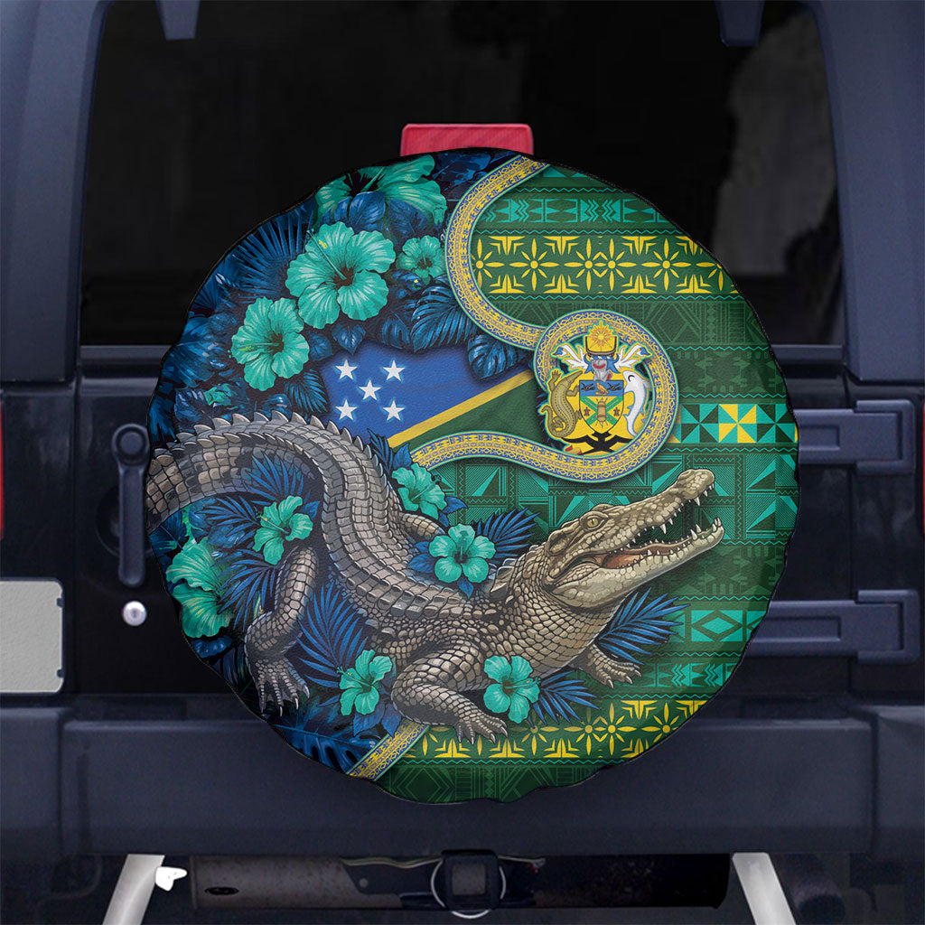 Solomon Islands Independence Day Spare Tire Cover Crocodile Hibiscus Tribal Pattern DT05 No hole Green - Polynesian Pride