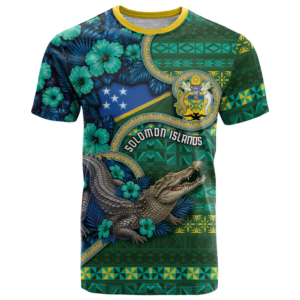 Personalised Solomon Islands Independence Day T Shirt Crocodile Hibiscus Tribal Pattern