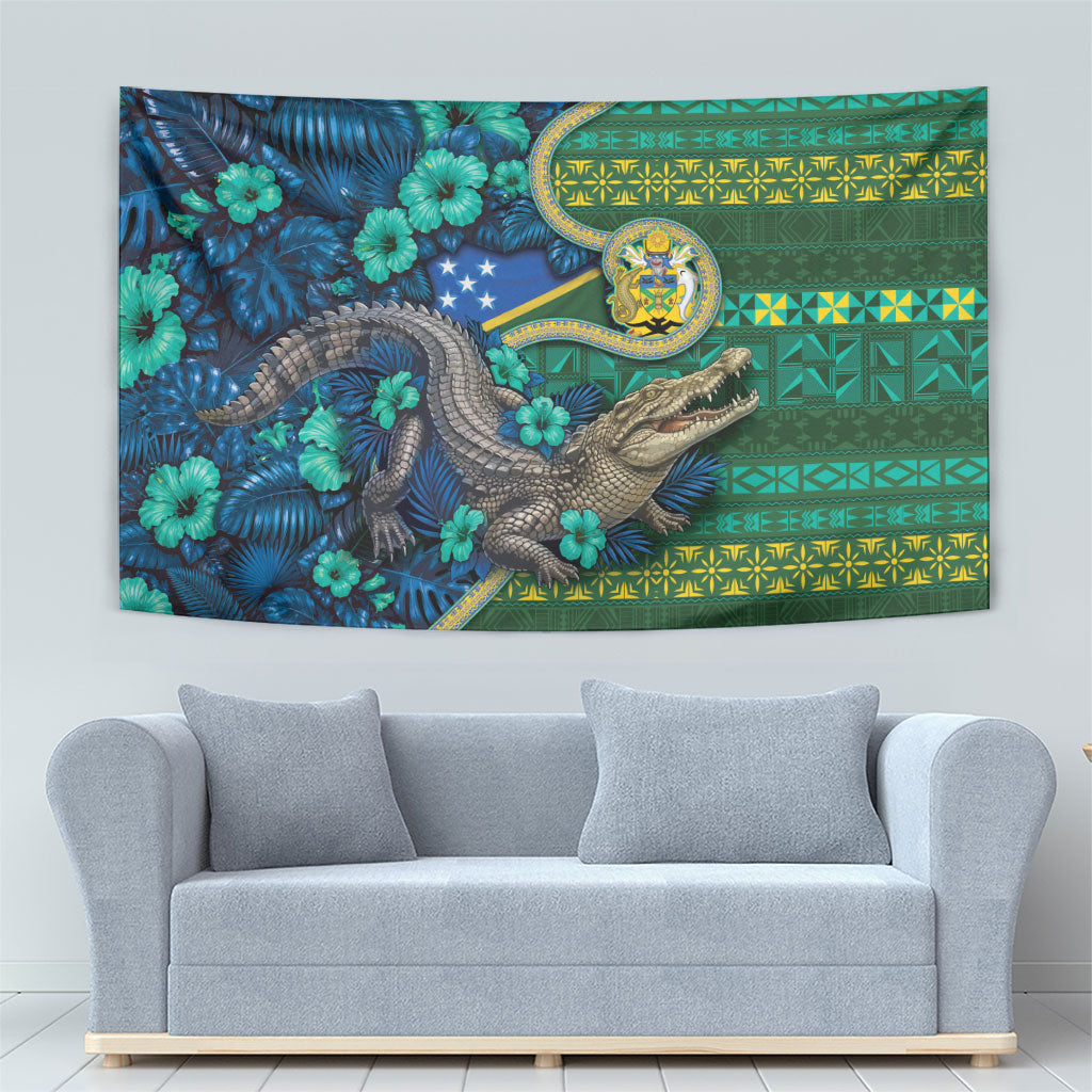 Solomon Islands Independence Day Tapestry Crocodile Hibiscus Tribal Pattern