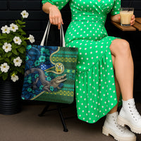 Solomon Islands Independence Day Tote Bag Crocodile Hibiscus Tribal Pattern