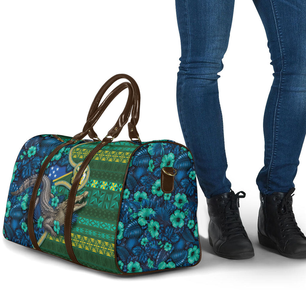 Solomon Islands Independence Day Travel Bag Crocodile Hibiscus Tribal Pattern