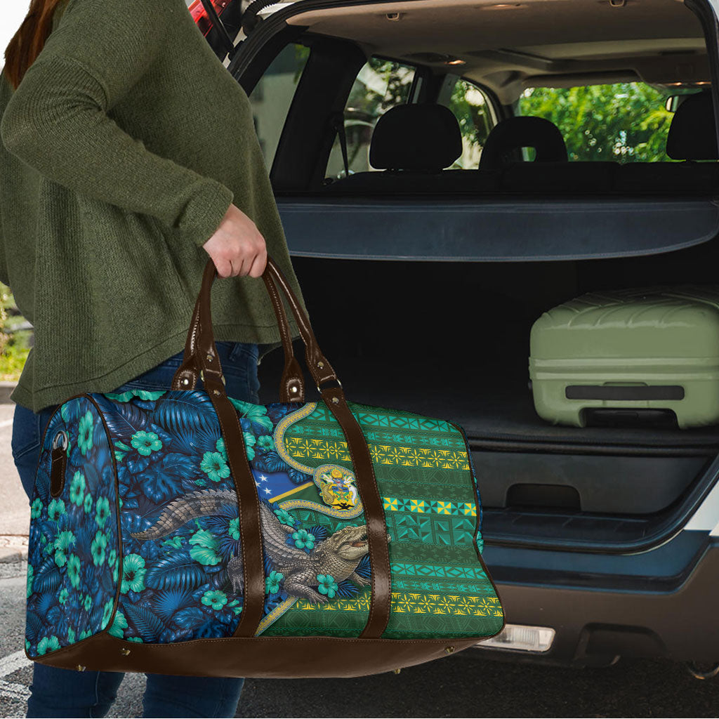 Solomon Islands Independence Day Travel Bag Crocodile Hibiscus Tribal Pattern