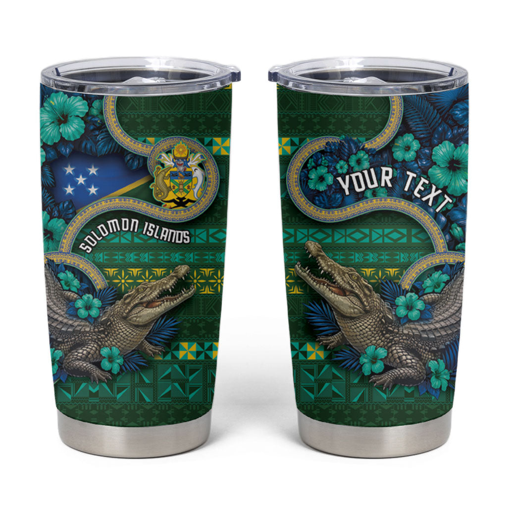 Personalised Solomon Islands Independence Day Tumbler Cup Crocodile Hibiscus Tribal Pattern