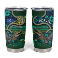 Personalised Solomon Islands Independence Day Tumbler Cup Crocodile Hibiscus Tribal Pattern