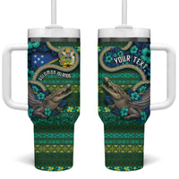 Personalised Solomon Islands Independence Day Tumbler With Handle Crocodile Hibiscus Tribal Pattern