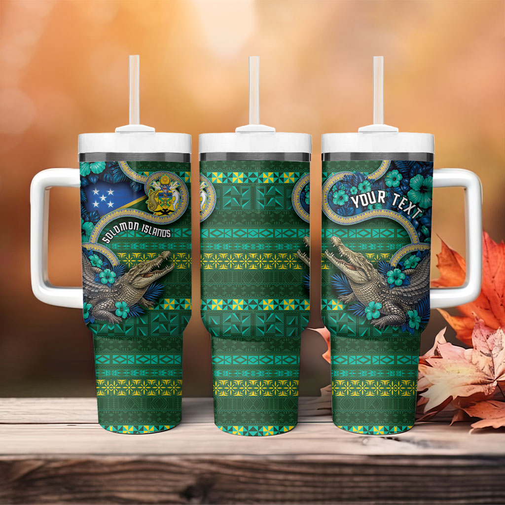 Personalised Solomon Islands Independence Day Tumbler With Handle Crocodile Hibiscus Tribal Pattern