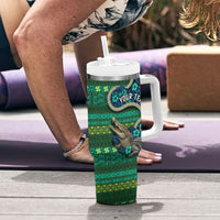 Personalised Solomon Islands Independence Day Tumbler With Handle Crocodile Hibiscus Tribal Pattern