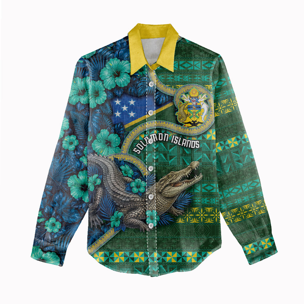 Personalised Solomon Islands Independence Day Women Casual Shirt Crocodile Hibiscus Tribal Pattern