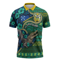 Personalised Solomon Islands Independence Day Zipper Polo Shirt Crocodile Hibiscus Tribal Pattern