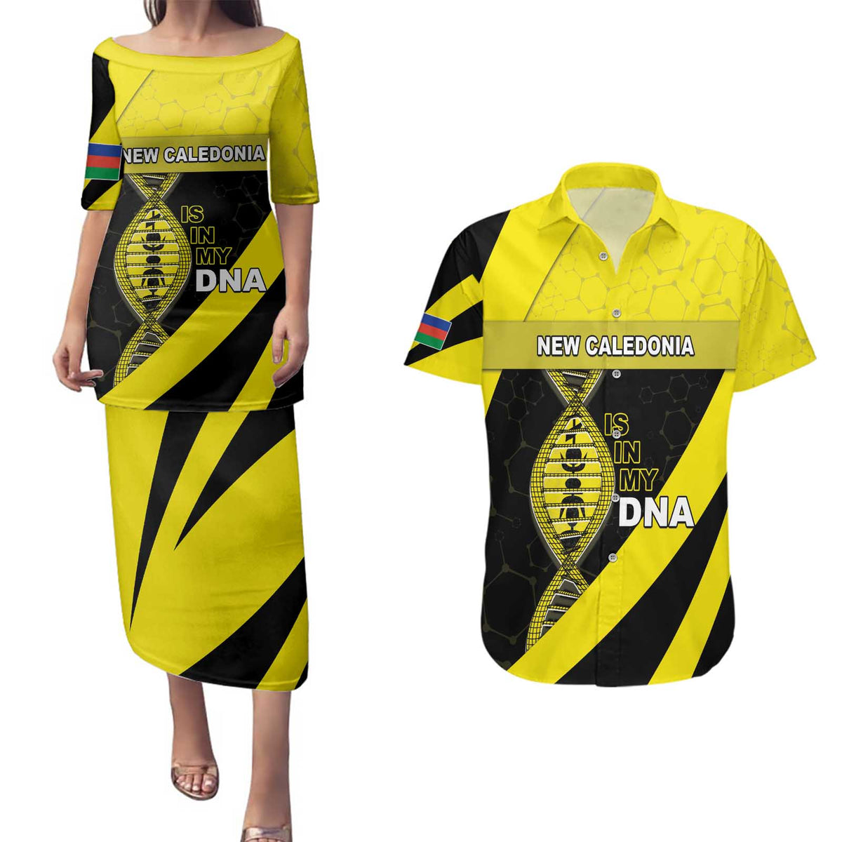 New Caledonia Is In My DNA Couples Matching Puletasi and Hawaiian Shirt DT05 Yellow - Polynesian Pride