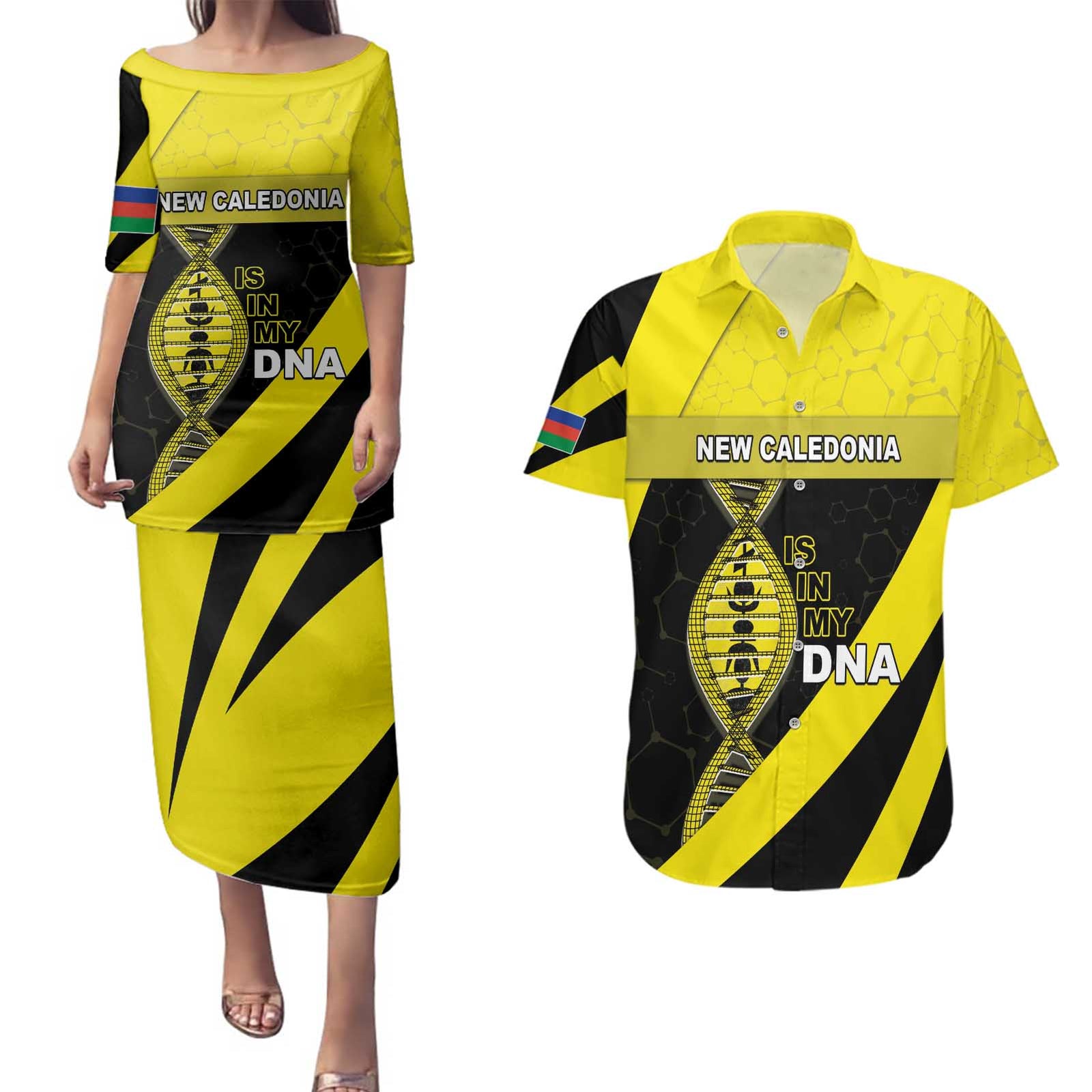 New Caledonia Is In My DNA Couples Matching Puletasi and Hawaiian Shirt DT05 Yellow - Polynesian Pride