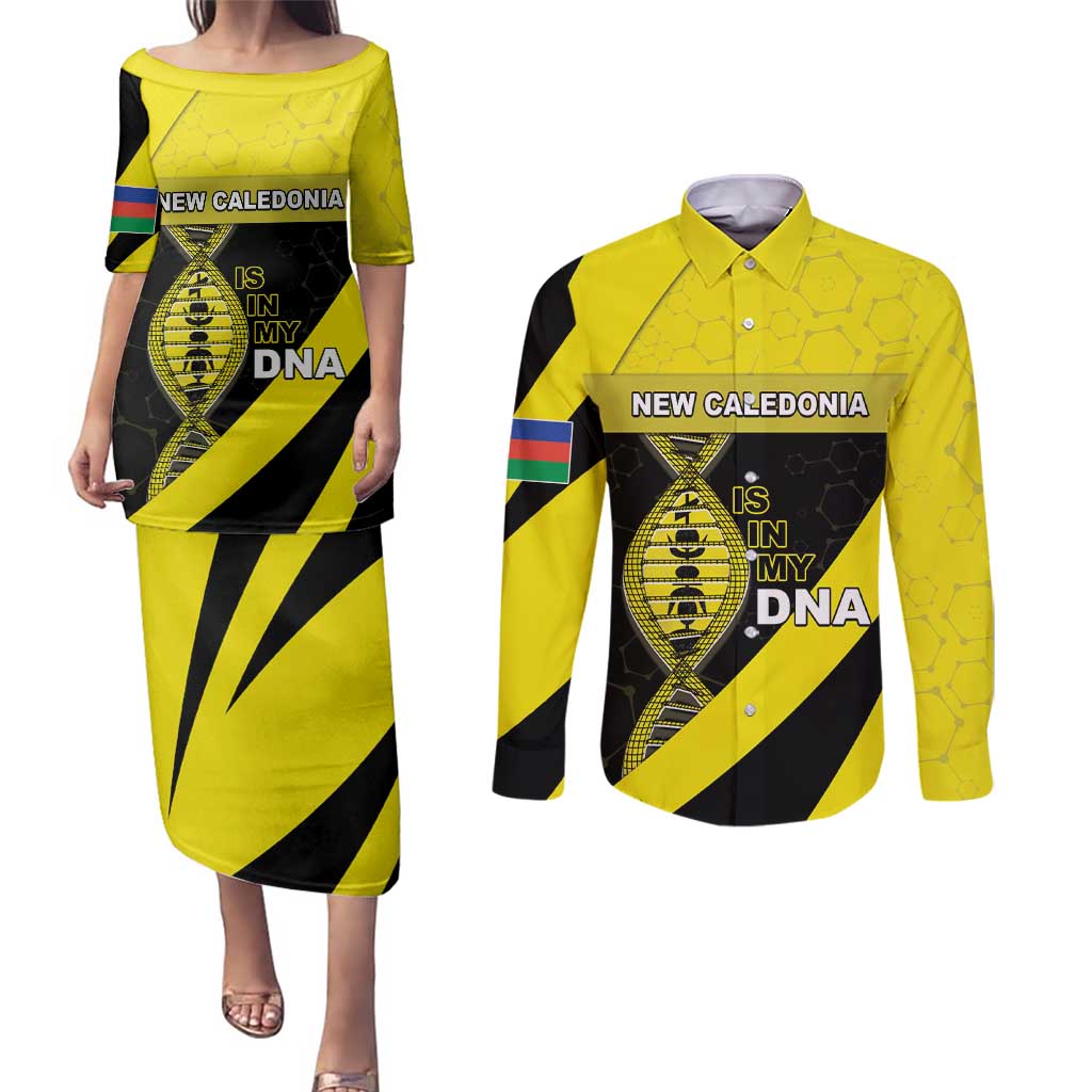 New Caledonia Is In My DNA Couples Matching Puletasi and Long Sleeve Button Shirt DT05 Yellow - Polynesian Pride
