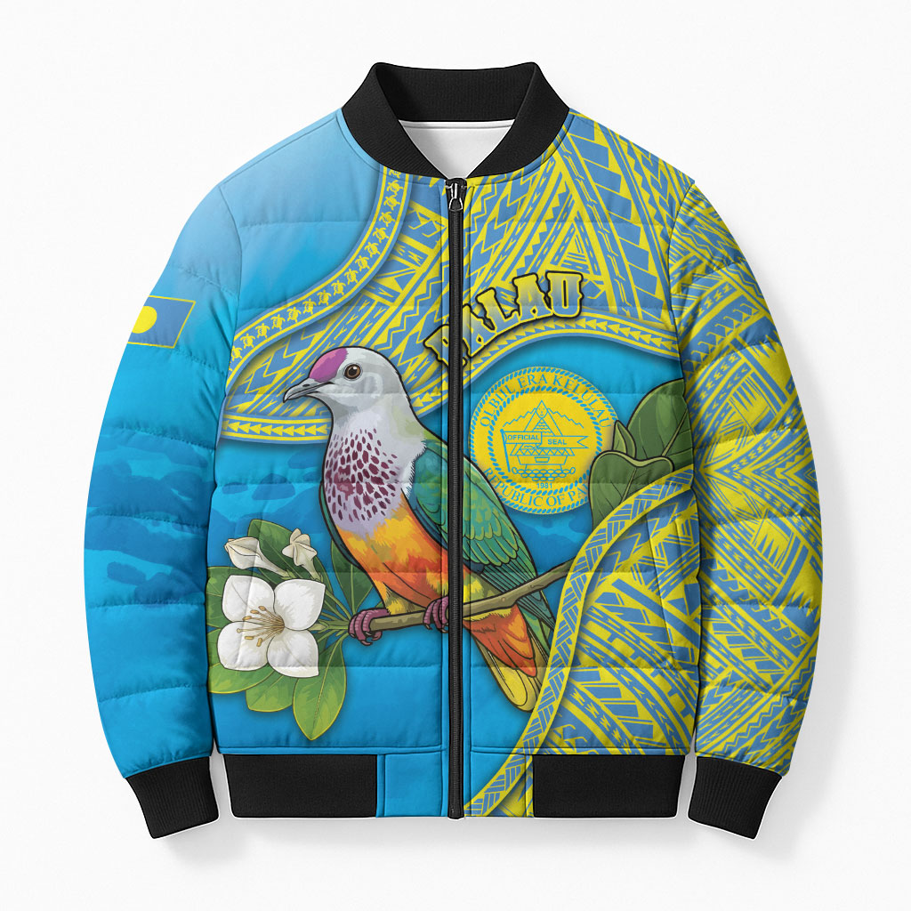 Personalised Palau Biib Bird Bomber Puffer Jacket Rur Flower And Rock Islands Patterns DT05 Unisex Blue - Polynesian Pride