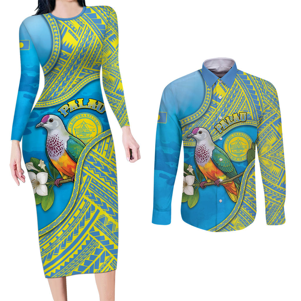 Personalised Palau Biib Bird Couples Matching Long Sleeve Bodycon Dress and Long Sleeve Button Shirt Rur Flower And Rock Islands Patterns DT05 Blue - Polynesian Pride