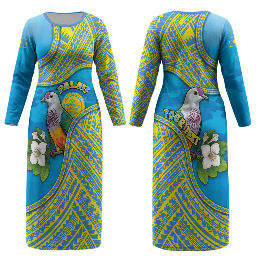 Personalised Palau Biib Bird Couples Matching Long Sleeve Bodycon Dress and Long Sleeve Button Shirt Rur Flower And Rock Islands Patterns DT05 - Polynesian Pride