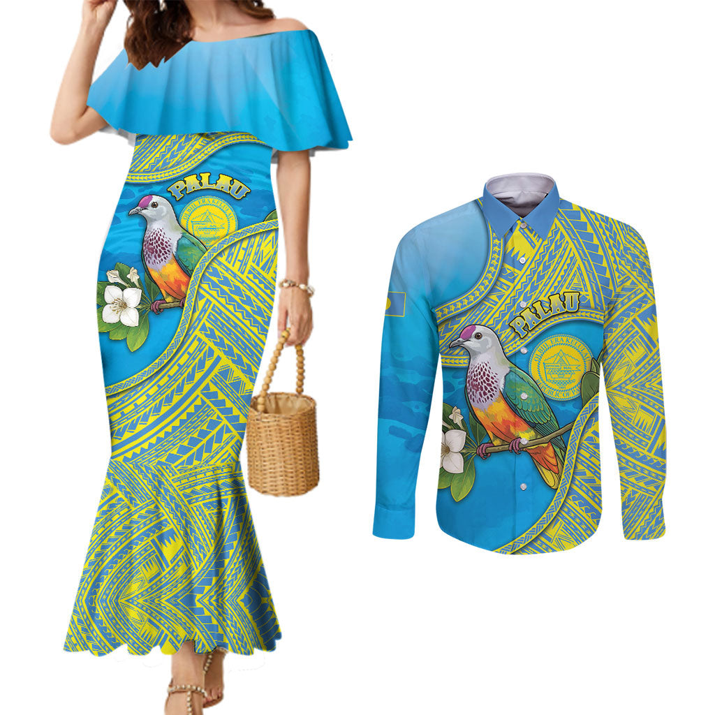 Personalised Palau Biib Bird Couples Matching Mermaid Dress and Long Sleeve Button Shirt Rur Flower And Rock Islands Patterns DT05 Blue - Polynesian Pride