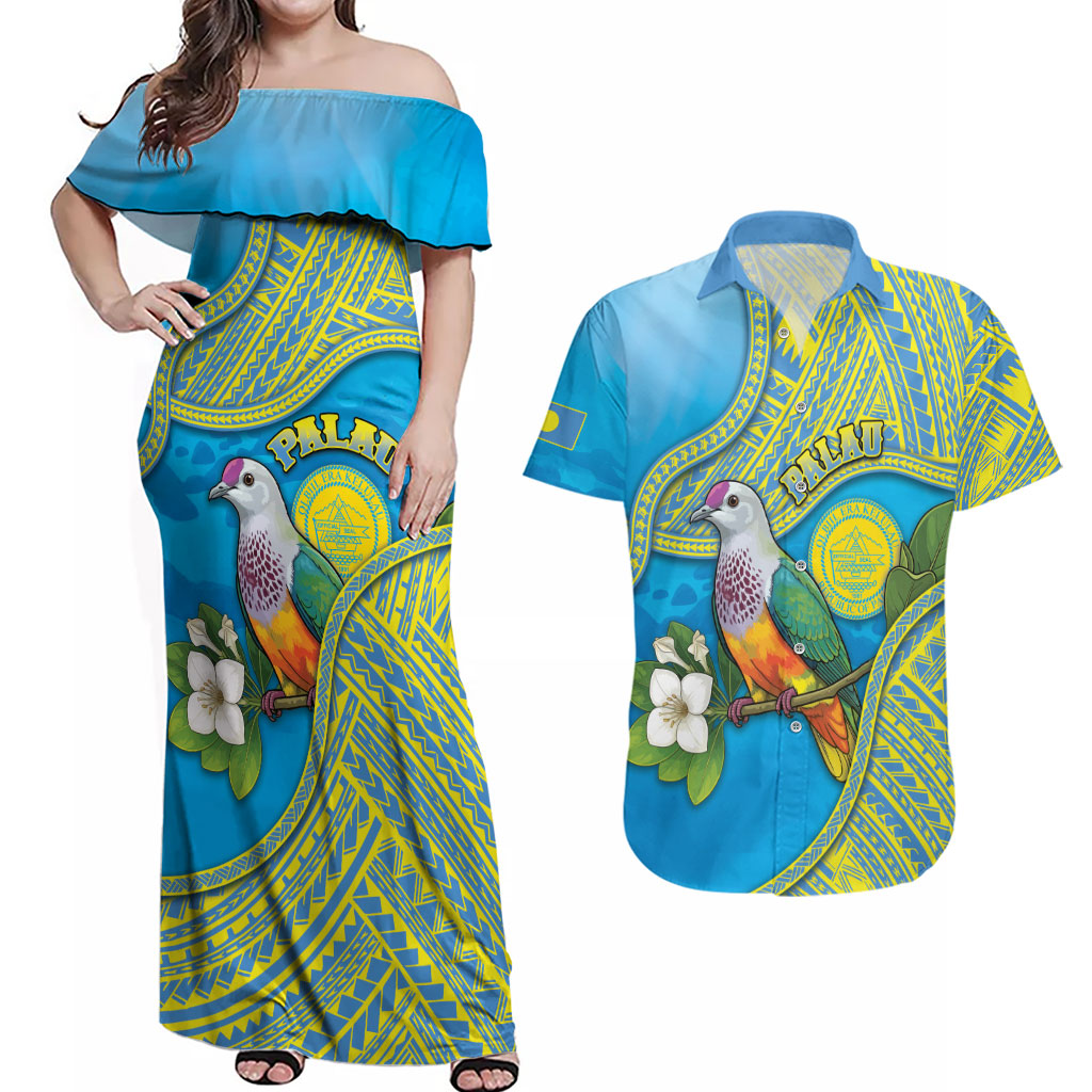Personalised Palau Biib Bird Couples Matching Off Shoulder Maxi Dress and Hawaiian Shirt Rur Flower And Rock Islands Patterns DT05 Blue - Polynesian Pride