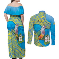 Personalised Palau Biib Bird Couples Matching Off Shoulder Maxi Dress and Long Sleeve Button Shirt Rur Flower And Rock Islands Patterns
