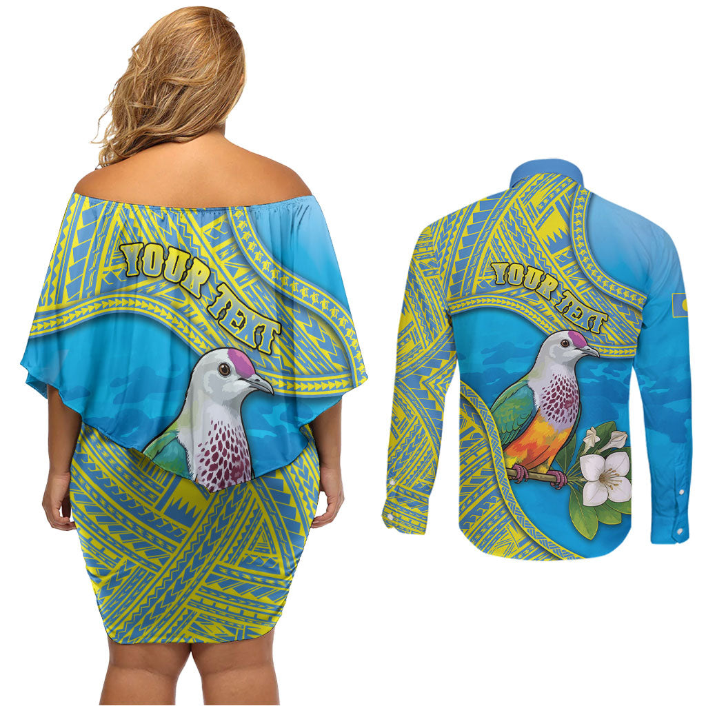 Personalised Palau Biib Bird Couples Matching Off Shoulder Short Dress and Long Sleeve Button Shirt Rur Flower And Rock Islands Patterns