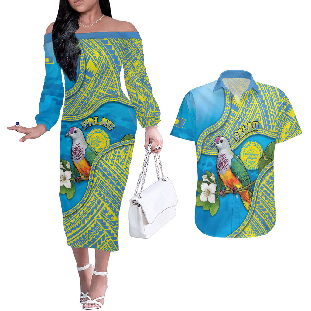 Personalised Palau Biib Bird Couples Matching Off The Shoulder Long Sleeve Dress and Hawaiian Shirt Rur Flower And Rock Islands Patterns DT05 Blue - Polynesian Pride