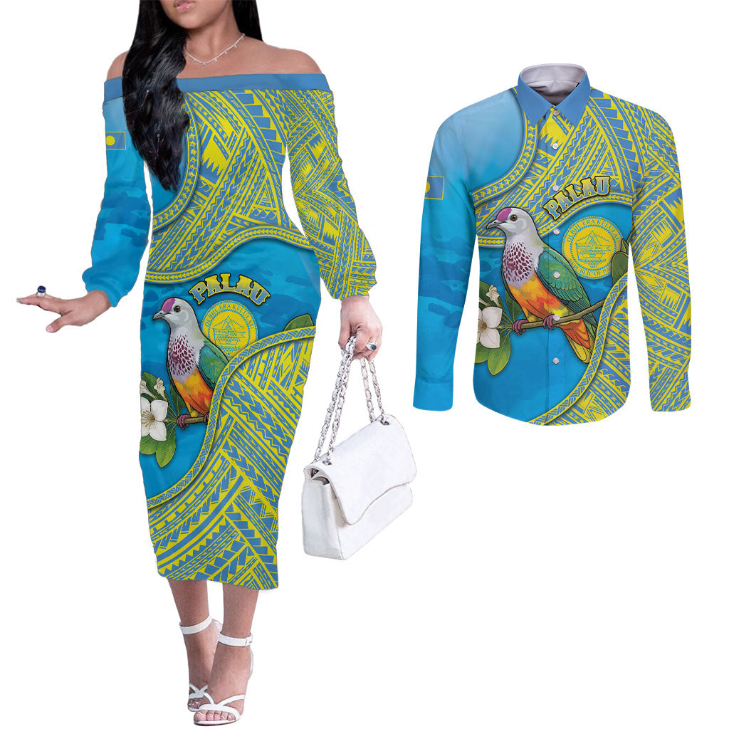 Personalised Palau Biib Bird Couples Matching Off The Shoulder Long Sleeve Dress and Long Sleeve Button Shirt Rur Flower And Rock Islands Patterns DT05 Blue - Polynesian Pride