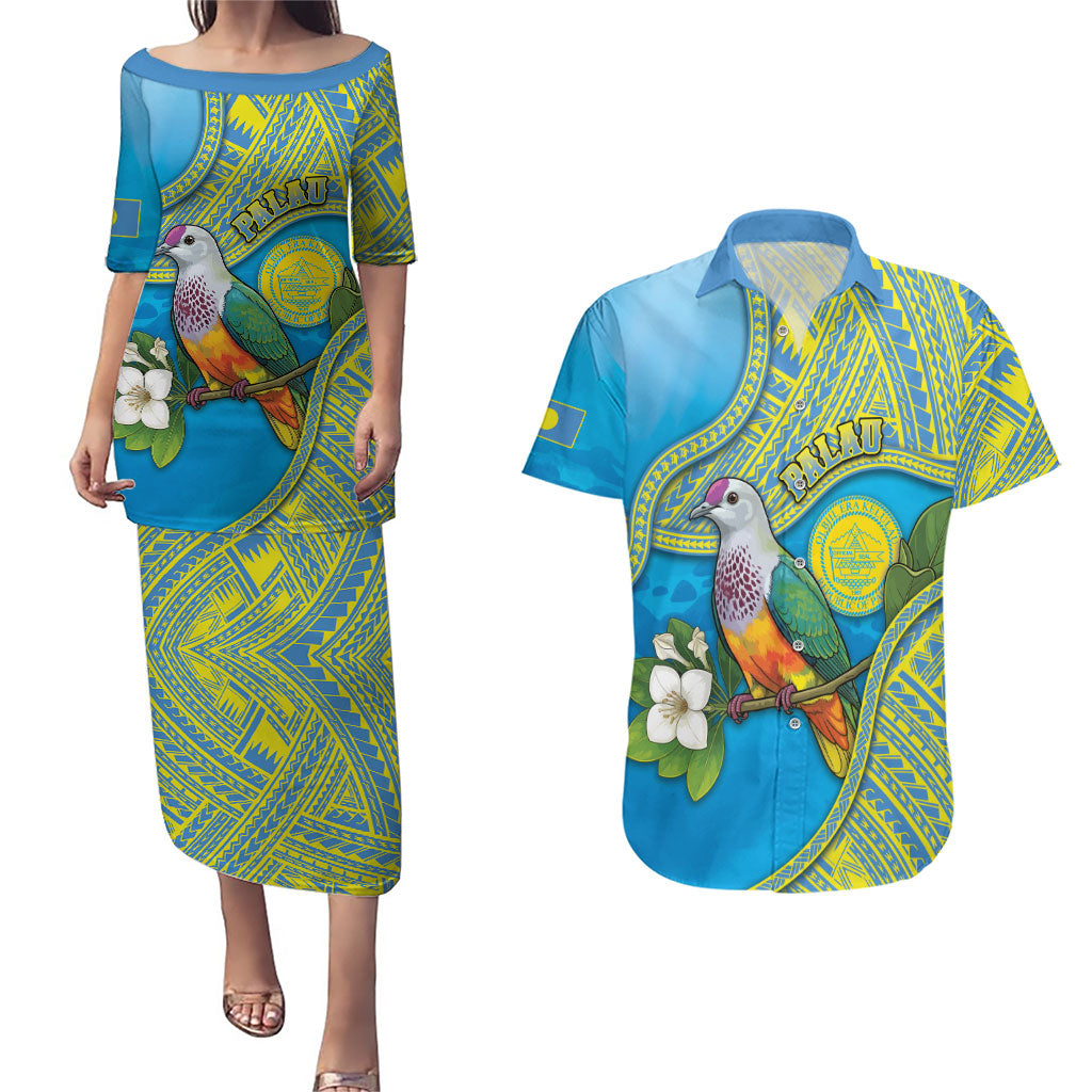 Personalised Palau Biib Bird Couples Matching Puletasi and Hawaiian Shirt Rur Flower And Rock Islands Patterns DT05 Blue - Polynesian Pride