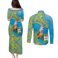 Personalised Palau Biib Bird Couples Matching Puletasi and Long Sleeve Button Shirt Rur Flower And Rock Islands Patterns